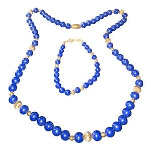 Avon Vintage Blue Beaded Necklace & Bracelet Set Gold Accents J10
